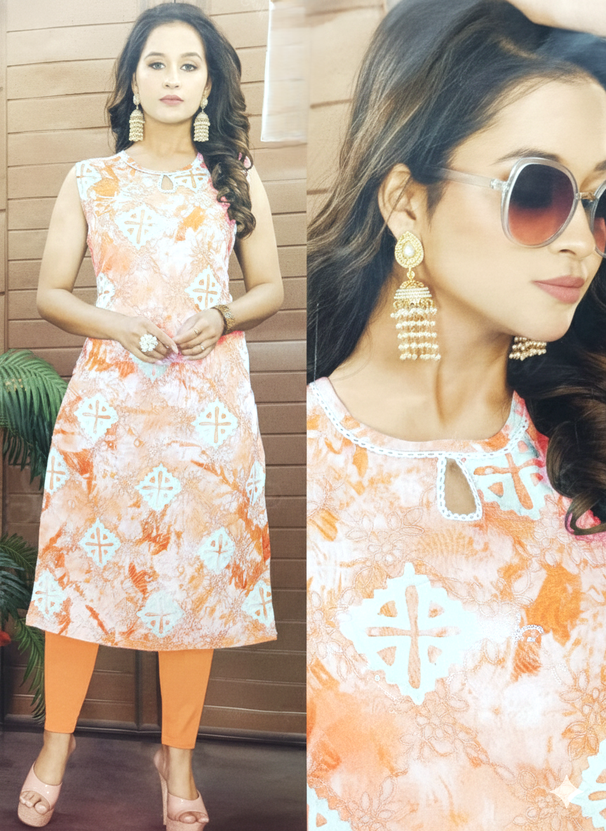 Chic Orange Tie-Dye Print Sleeveless Kurti and Leggings Set