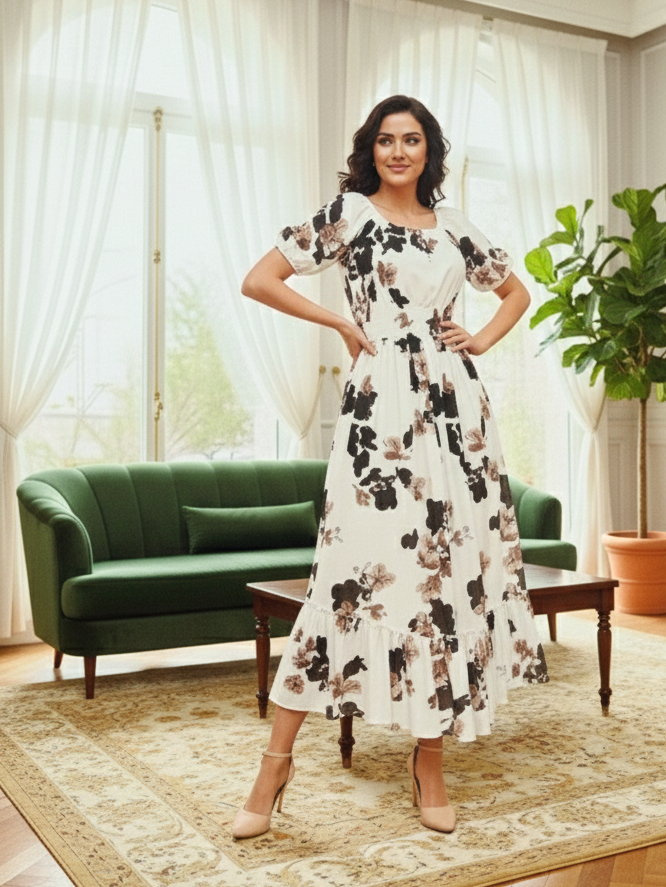 Elegant White Floral Print Puff Sleeve Western Wear