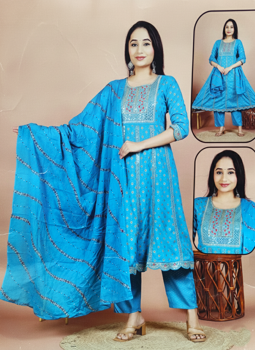 Traditional Sky Blue Printed Anarkali Kurta with Trousers and Laheriya Dupatta