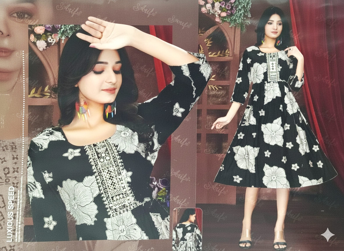 Black & White Floral Printed Rayon Knee-Length Flair Dress