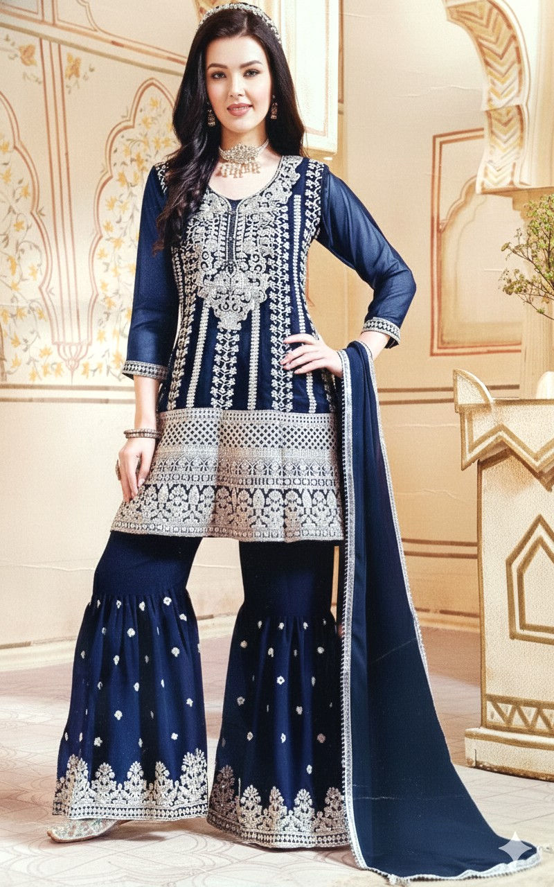 Heavy Resham Work Short Kurti with Flared Gharara and Dupatta