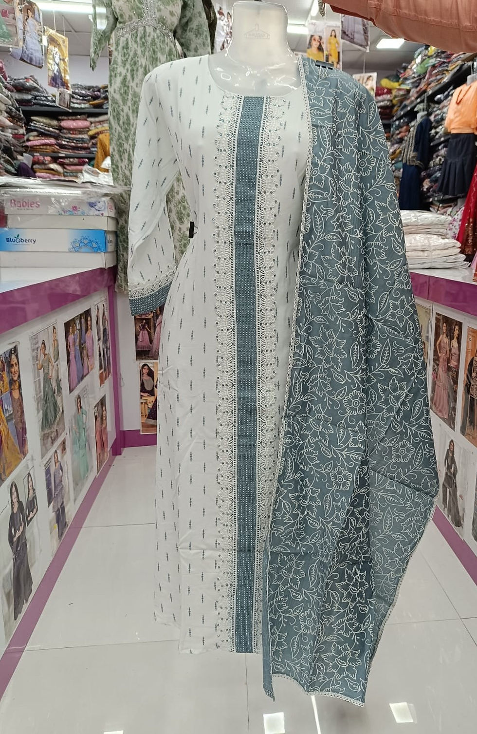 Thumbnail: White and Dusty Blue Printed Cotton Salwar Kameez with Floral Dupatta