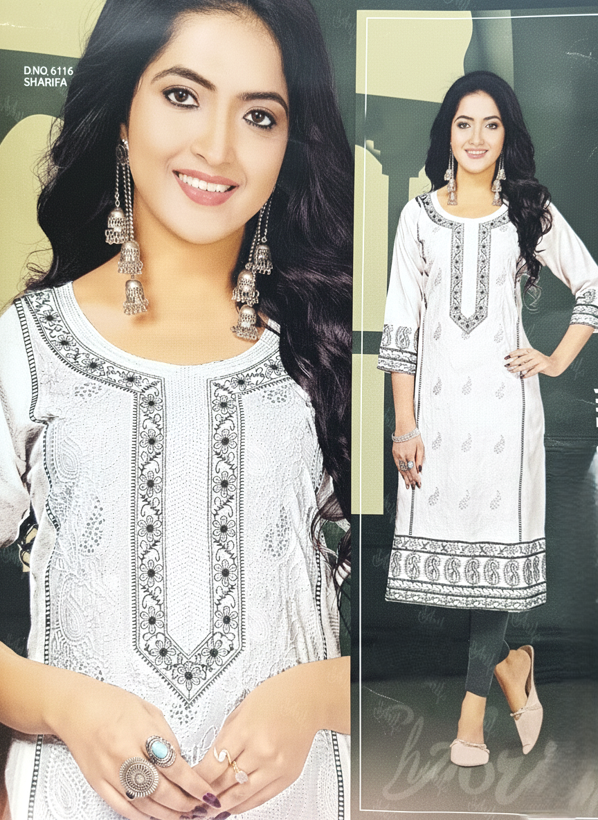 legant White WIth Black Embroidered Cotton Kurti