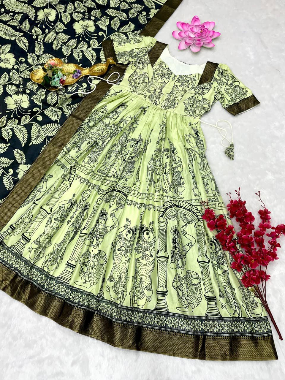 Thumbnail: Ritu Choudhary Inspired Kalamkari Dola Silk Anarkali Set with Mangalgiri Lace