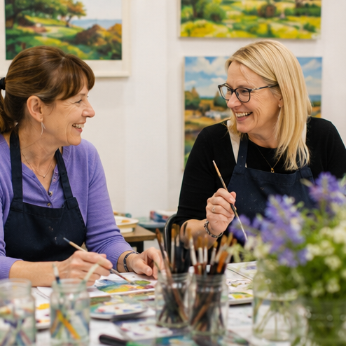 Two adult art students enjoying a painting class, sharing ideas and building confidence in a friendly and supportive Cheshire Art Classes workshop.