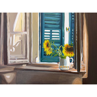 Oil painting of an interior windowsill with teal shutters, soft natural light, and a white jug holding two sunflowers. Warm reflections on the wooden surface contrast with cool blues and greens around the window, creating a calm, atmospheric sense of light and space.