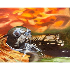 Expressive oil painting of an otter swimming through glowing water at sunset, with rich orange reflections, detailed whiskers, and atmospheric lighting.