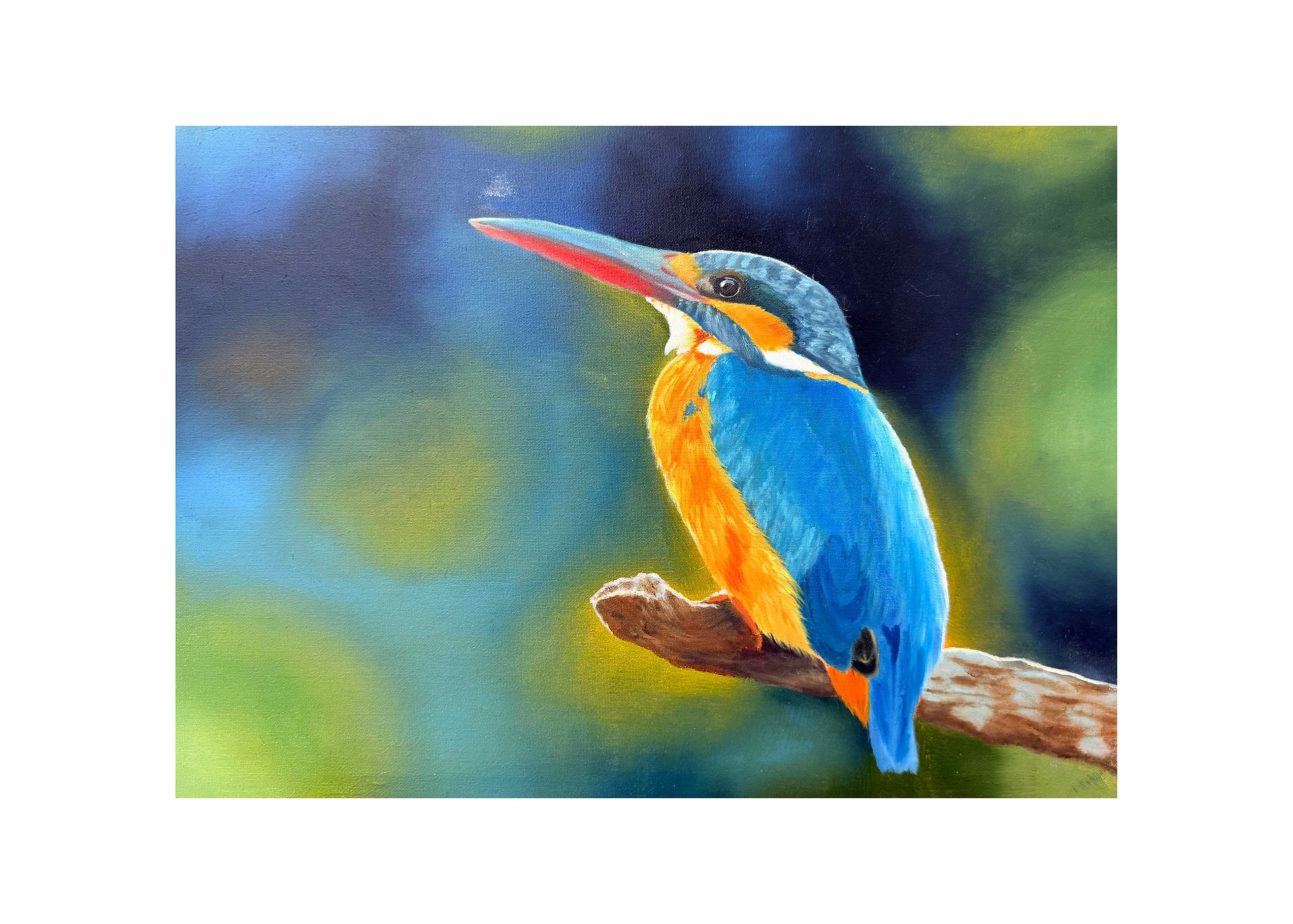 Oil painting of a vibrant kingfisher perched on a branch, with bright blue and orange feathers against a soft green blurred background.