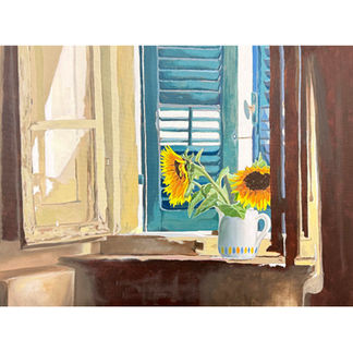 Oil painting of an interior windowsill with teal shutters, soft natural light, and a white jug holding two sunflowers. Warm reflections on the wooden surface contrast with cool blues and greens around the window, creating a calm, atmospheric sense of light and space.