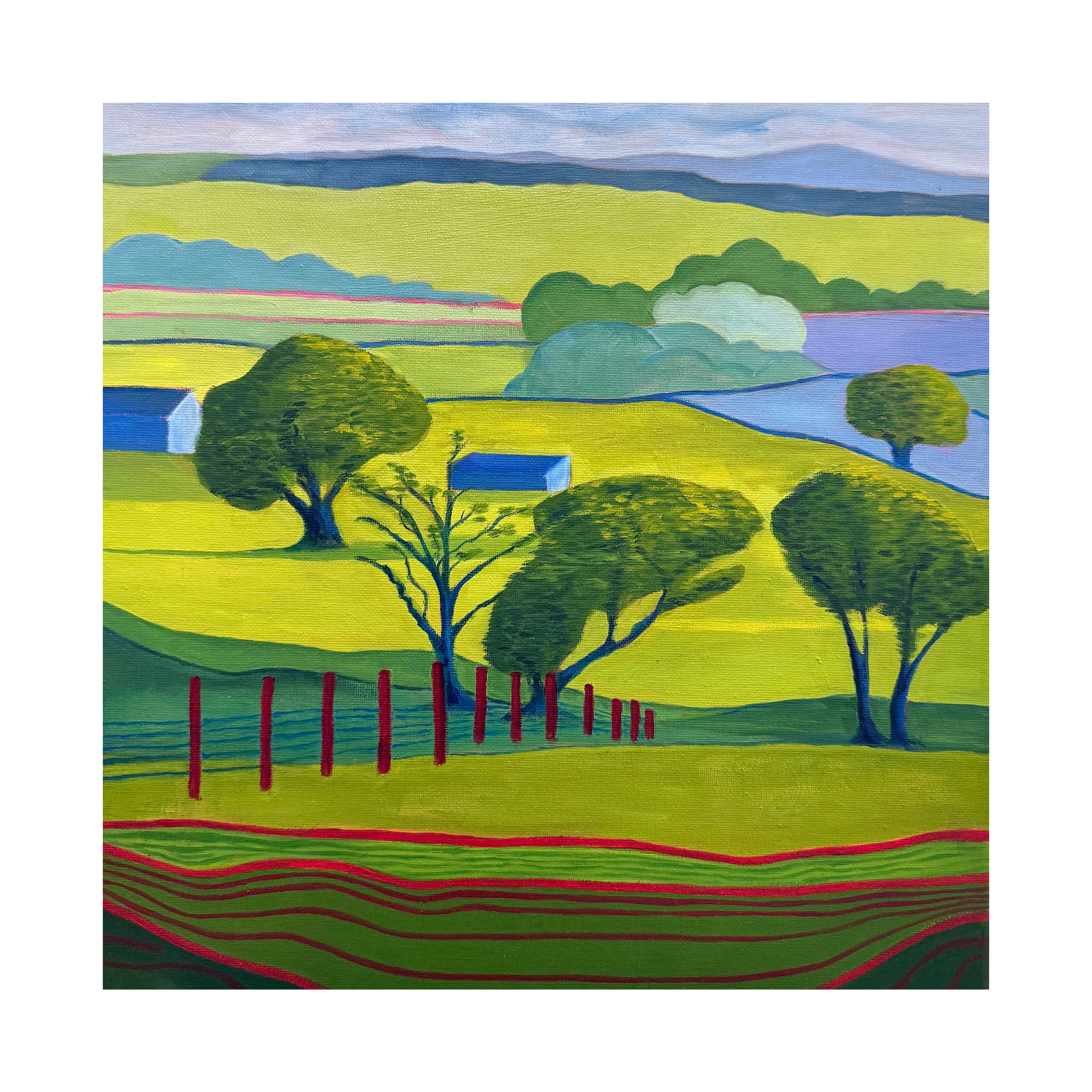 A vibrant, oil-style landscape of rolling green hills and patchwork fields beneath dramatic clouds, painted with bold, textured brushstrokes and vivid colours.