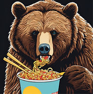 Cartoon bear eating noodles with chopsticks, Grizzly Express logo, black background.