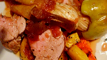 Roast Pork Tenderloin with Apples and Fennel in Pomegranate Molasses