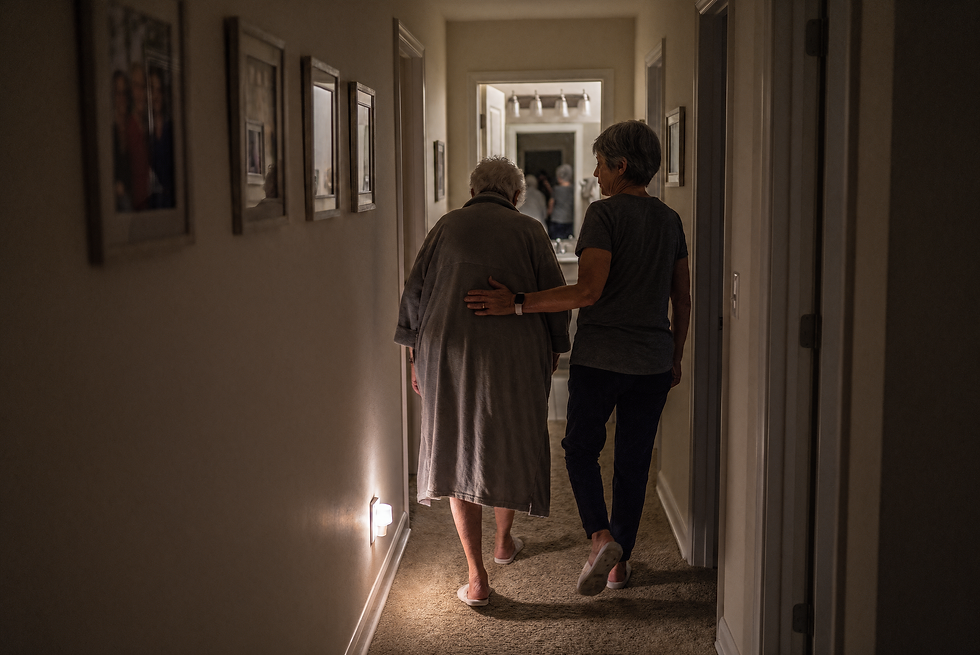 Overnight caregiver assisting a Sahuarita senior walking to the bathroom at night