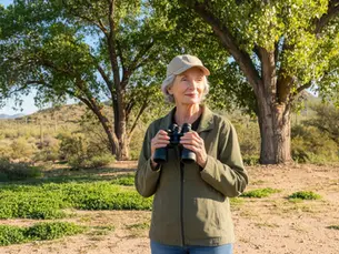 Senior woman birdwatching among cottonwood trees in Southern Arizona