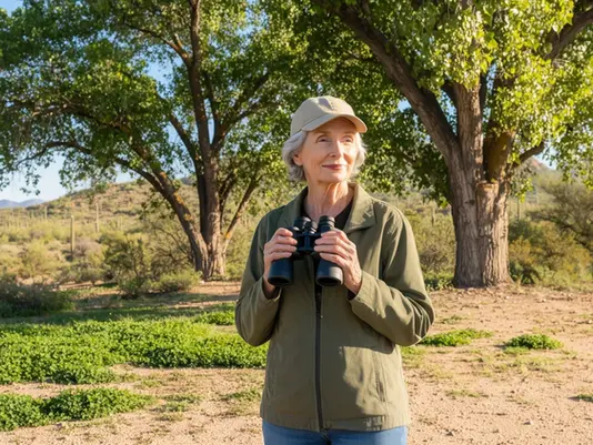 Senior woman birdwatching among cottonwood trees in Southern Arizona