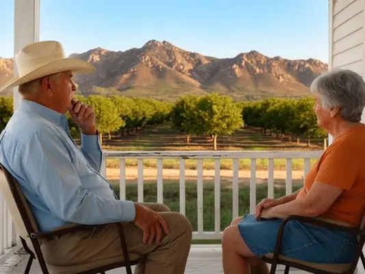 Senior companion caregiver with a client on a farmhouse porch near Willcox, Arizona