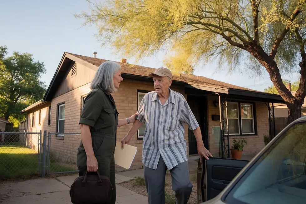 Senior caregiver helping a client home after a hospital discharge in Tucson, Arizona