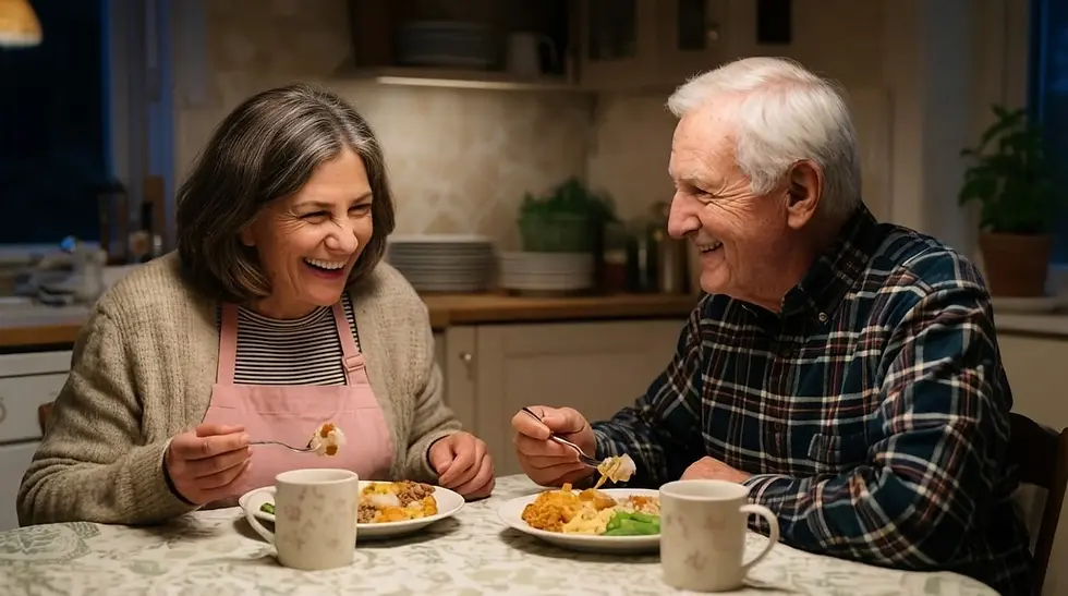 Respite caregiver having dinner with a client in Vail while his daughter is with her own family