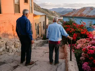 Senior caregiver helping a client on the stairs of Old Bisbee, Arizona