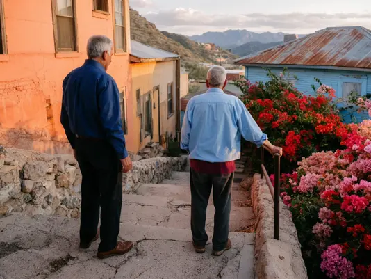 Senior caregiver helping a client on the stairs of Old Bisbee, Arizona