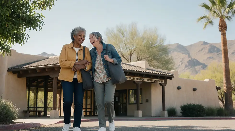 Senior companion and client leaving a GVR water aerobics class in Green Valley, Arizona
