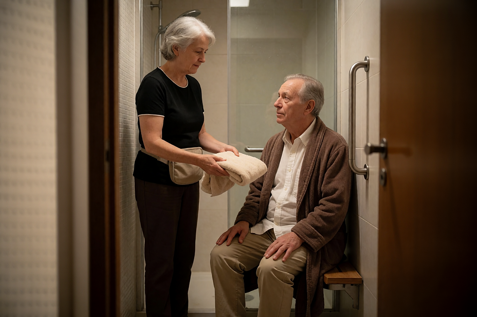 Senior caregiver providing standby assistance during bathing