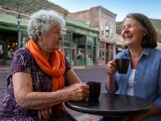 Senior companion and client having coffee on Main Street in Bisbee, Arizona
