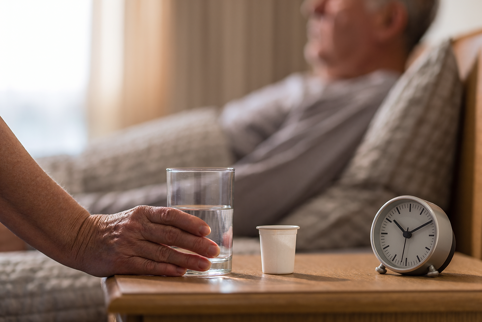 Senior caregiver providing morning assistance and medication reminders to a Green Valley resident with Parkinson's