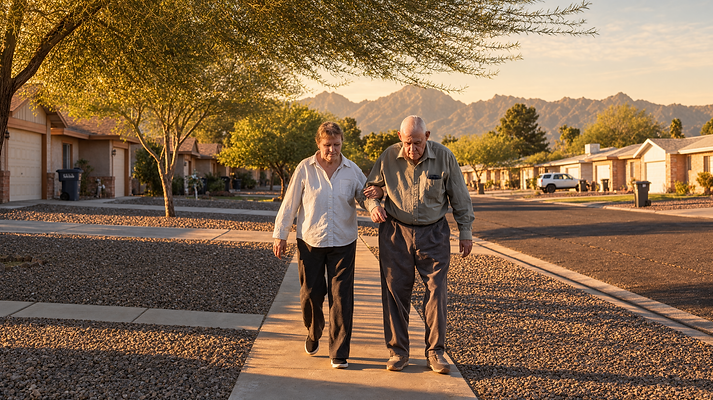 Senior caregiver walking with a Green Valley client living with Parkinson's disease