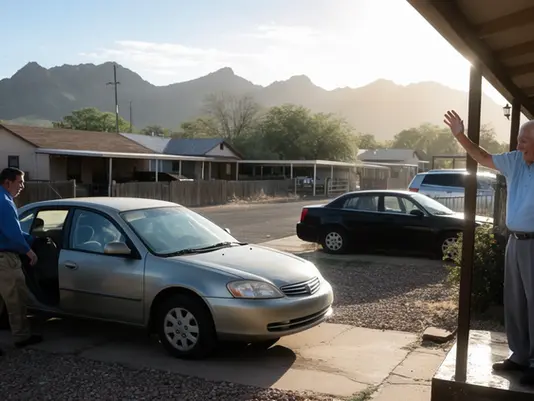 Senior caregiver arriving at a client's home in Tombstone, Arizona