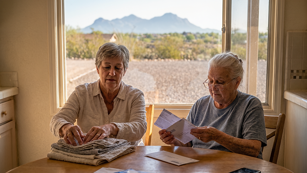 Senior caregiver folding laundry with a client during a light housekeeping visit in Green Valley, Arizona