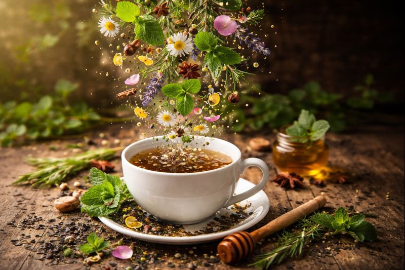 Teetasse in die frische Kräuter fallen