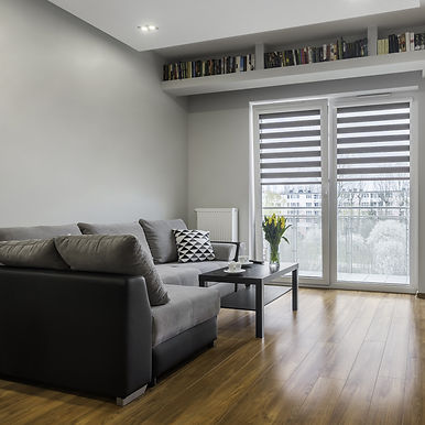 Grey sofa and coffee table in bright apa