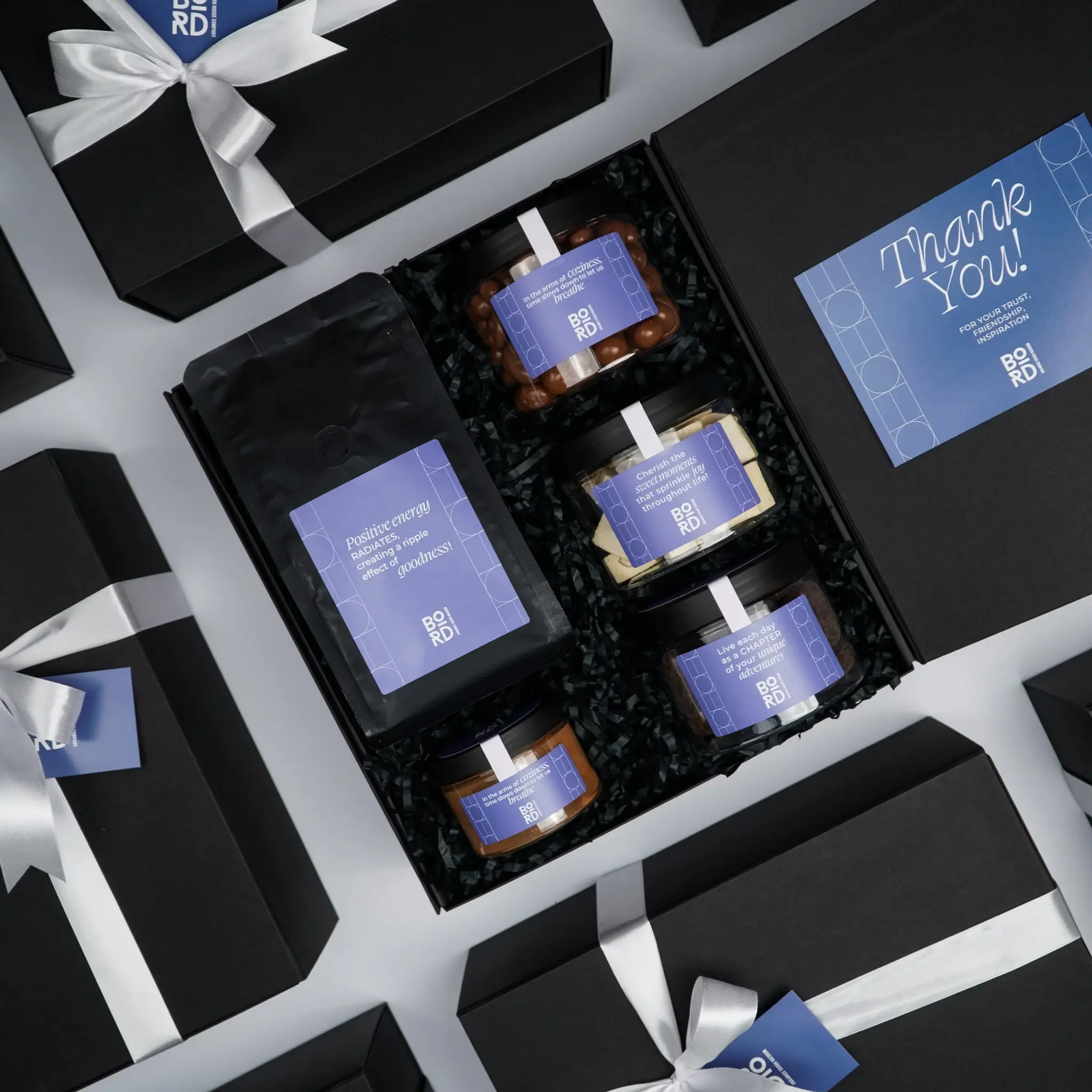 Corporate gift box with coffee marzipan nougat and chocolate cashews