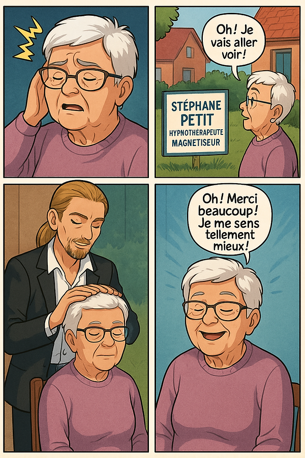 Croquis BD 4 cases : femme âgée soulagée de ses maux de tête après séance d'hypnose et magnétisme avec Stéphane Petit à Lunéville.