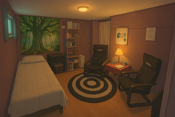 Photo du cabinet d'hypnothérapie et de magnétisme de Stéphane Petit à Lunéville. Ambiance chaleureuse et intime avec table de massage, fauteuils confortables, tapis rond et tableau mural représentant une forêt.