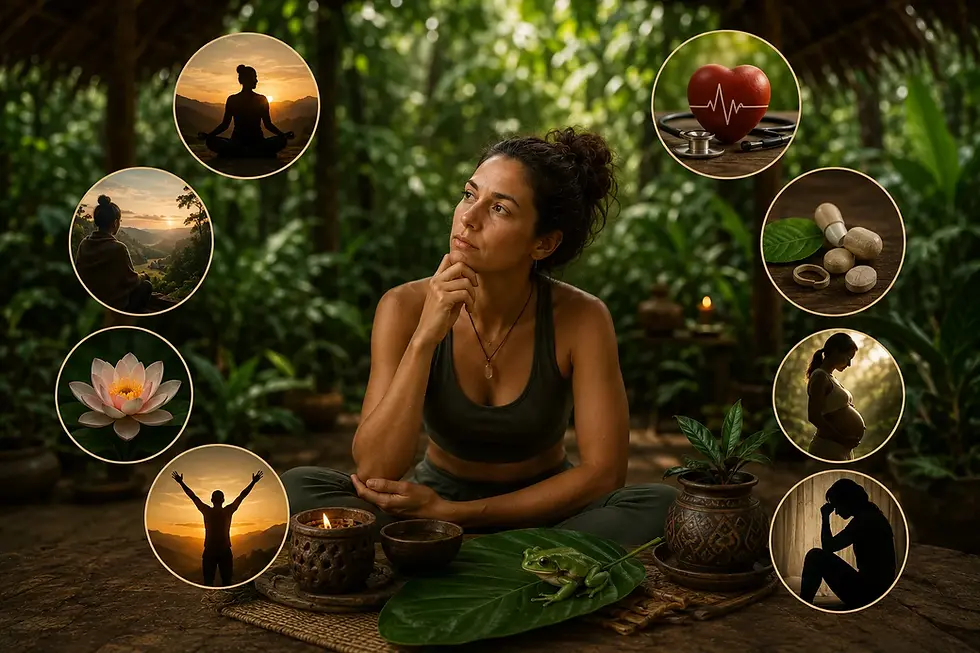 A woman sitting quietly in reflection beside ceremonial bowls in the rainforest