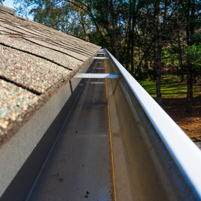 Clean metal gutter on a home, trees, and Clear Choice Pressure Washing Portugal.