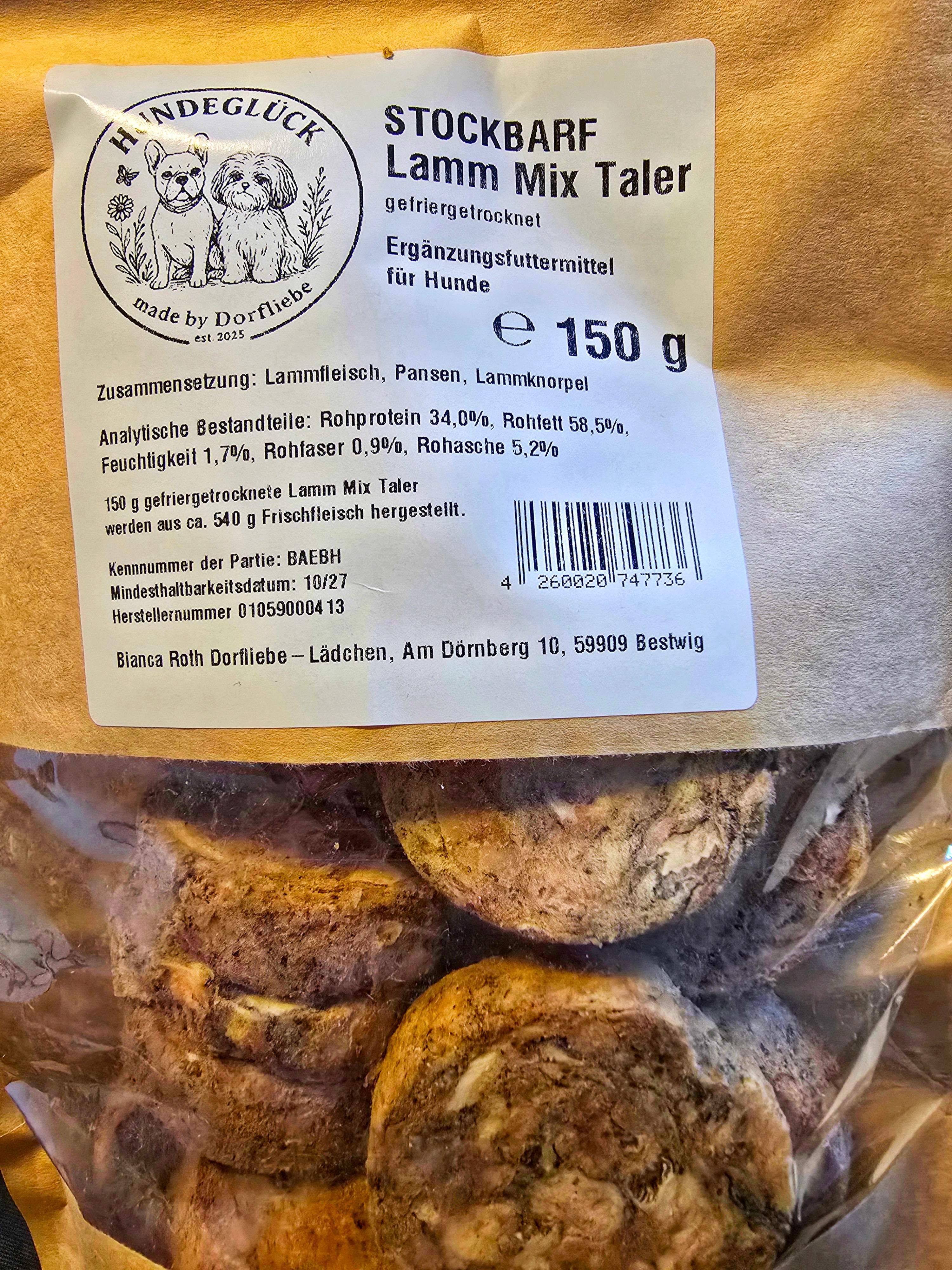 Hundeglück Lamm Mix Taler STOCKBARF 150g