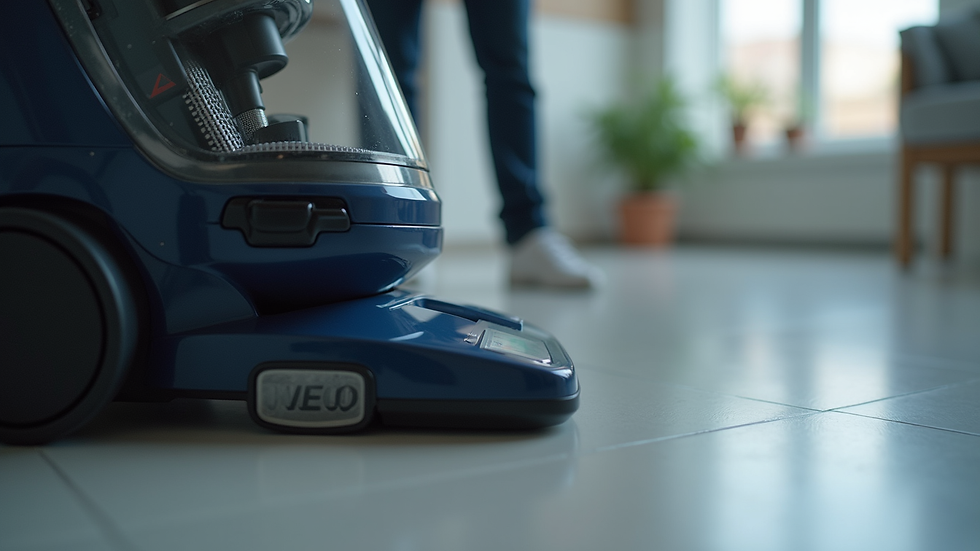 Close-up view of a commercial vacuum cleaner with HEPA filter