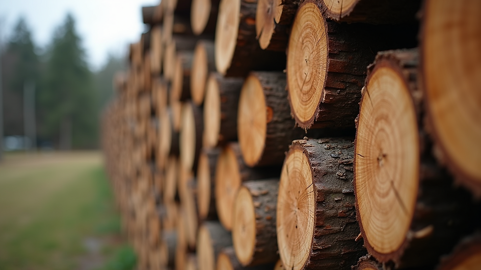 Close-up view of freshly cut logs stacked outdoors