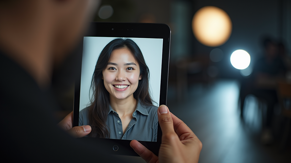 Close-up view of a passport photo being taken in a studio