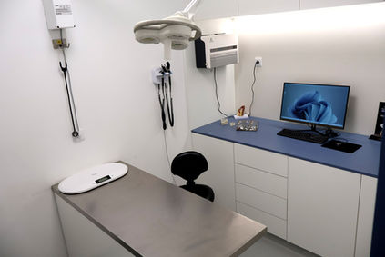 Sala de consulta moderna e equipada na Clínica Veterinária de Esmoriz, com balança digital e iluminação clínica