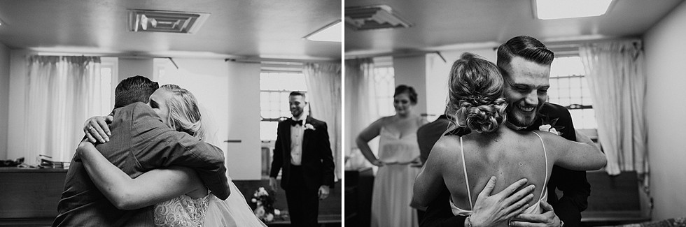 Couple hugging friends after wedding