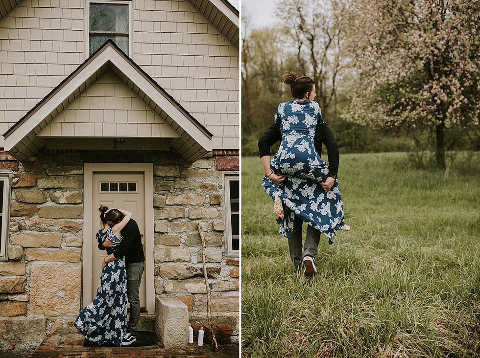 Couple hugging outside house and walking through the yard