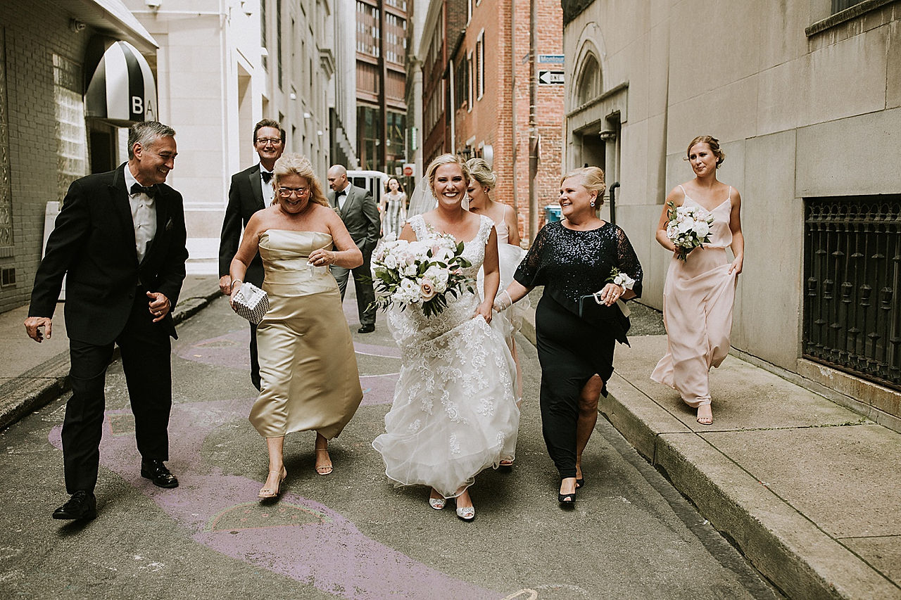 Family walking to the church for wedding