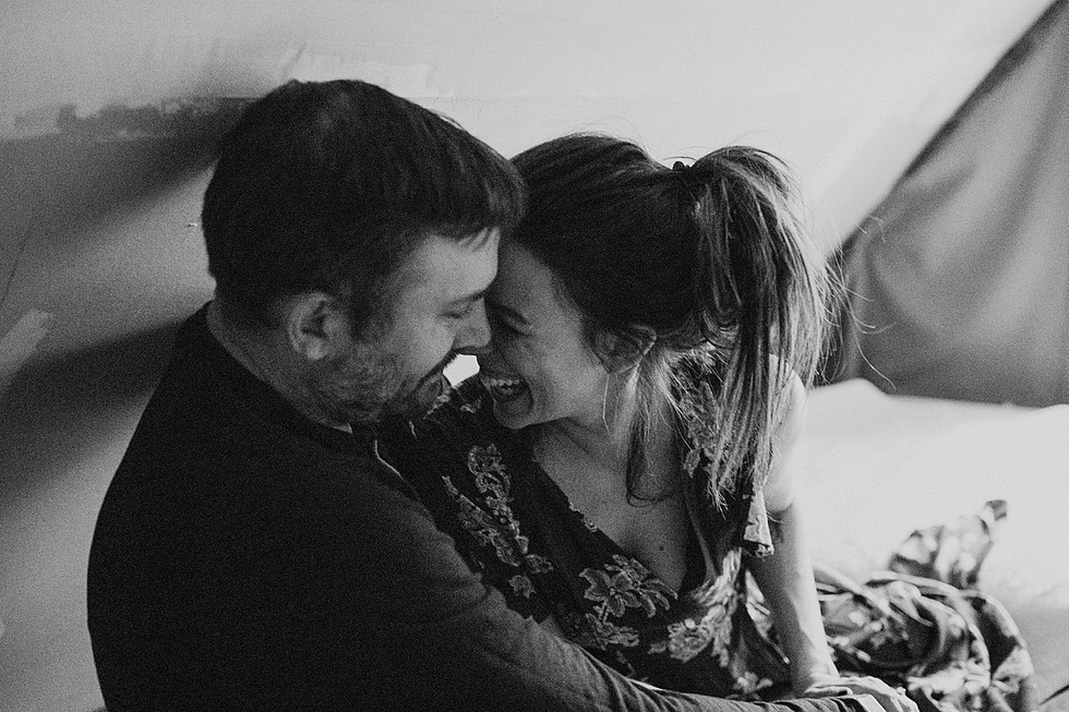 Close-up portrait of couple laughing with their heads together