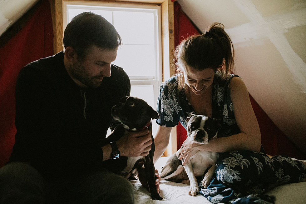 Couple holding their dogs and smiling during portrait session