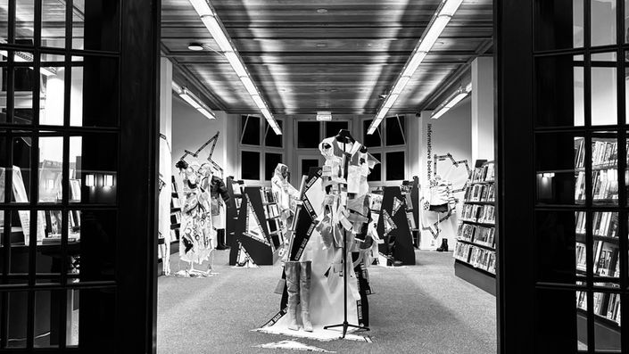 Entrance of the RVDK X Steve Madden exhibition inside the public library of Amsterdam (OBA)