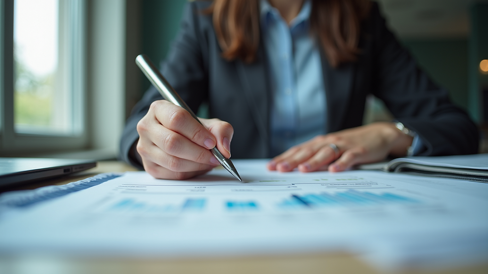Eye-level view of a professional bookkeeper working on financial documents